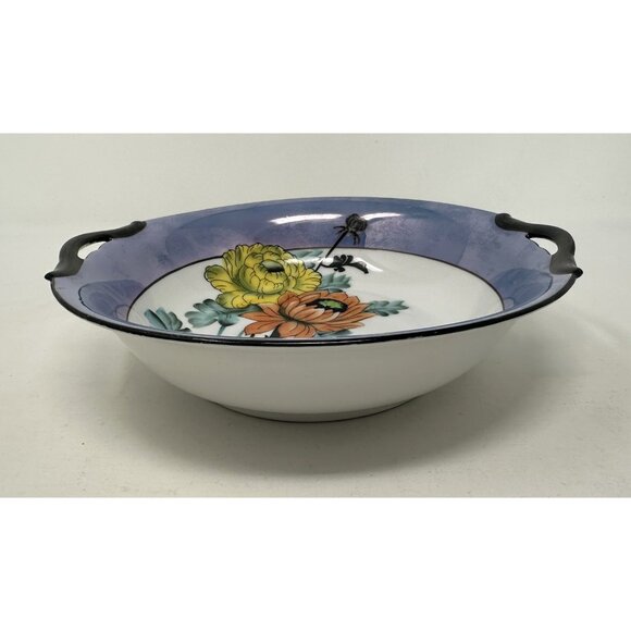 NORITAKE MORIMURA TWO HANDLED SERVING BOWL Floral Art Deco Blue Luster Ware - Picture 5 of 15